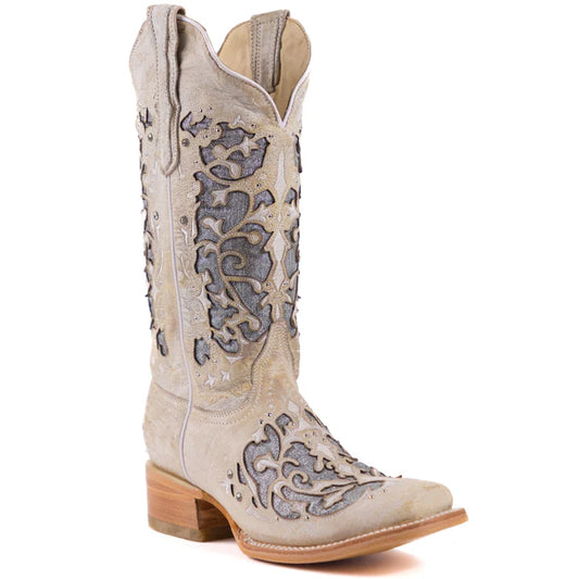 Rockin Leather Iser White Square Toe Western W/ Silver Inlays