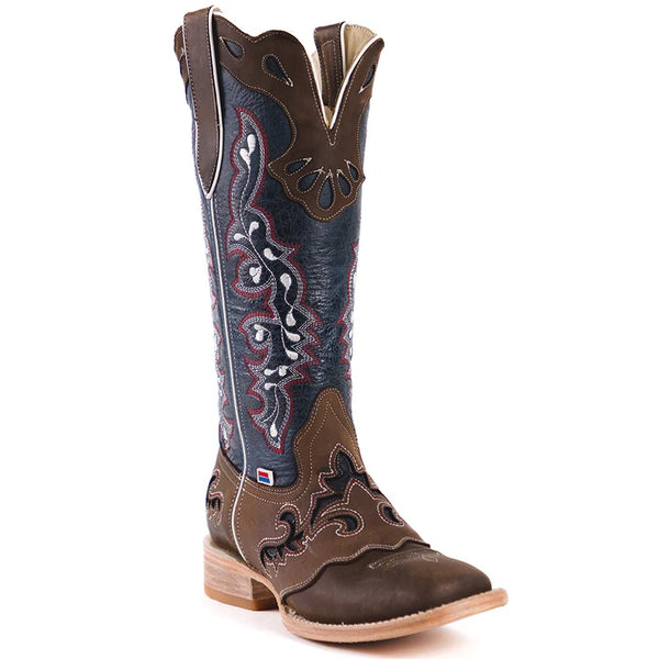Rockin Leather Women's Tall Distressed Brown Boot w/ Blue Shaft