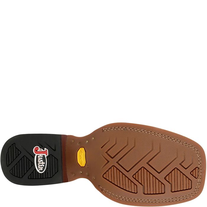 Brown leather shoe sole with black and yellow accents on a white background