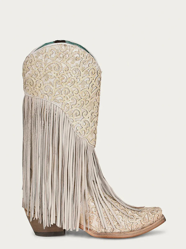 Corral Women's Overlay Embroidery Lamb Fringe Snip Toe
