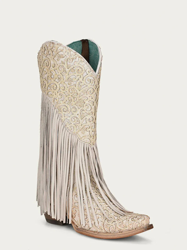 Corral Women's Overlay Embroidery Lamb Fringe Snip Toe
